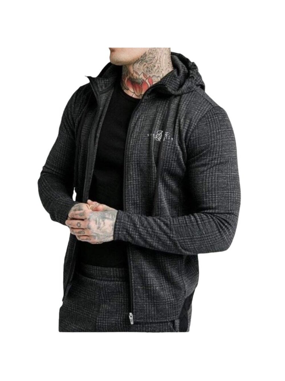 SikSilk NWT Men's Tonal Check Agility Zip Through Drawstring Hoodie, Grey Size S